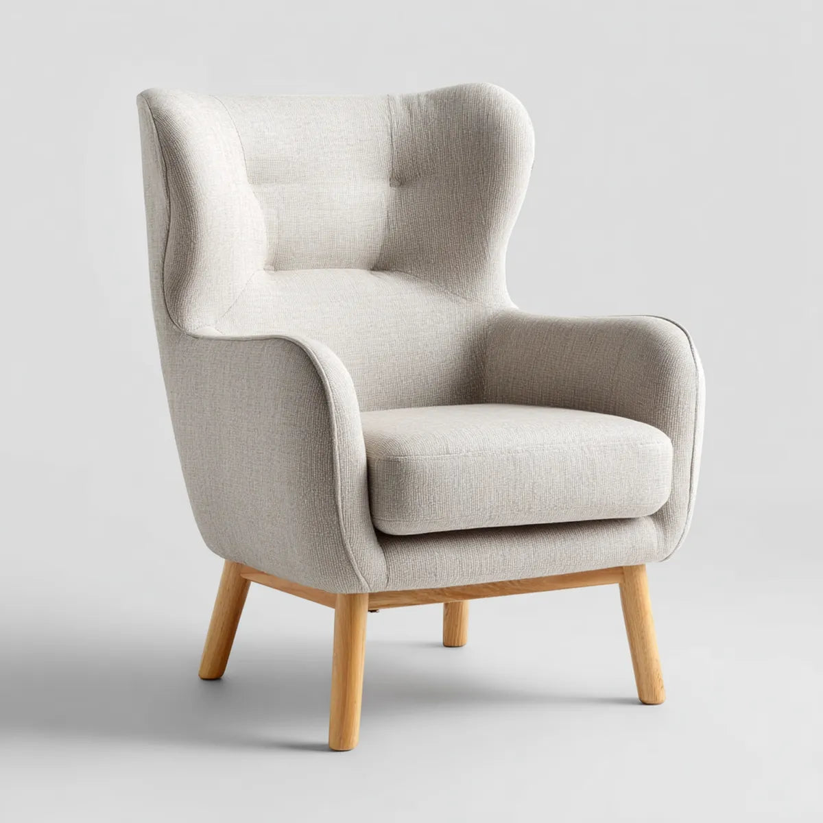 Fauteuil à oreilles beige 76 x 82 x 105 cm en polyester et chêne massif forme enveloppante