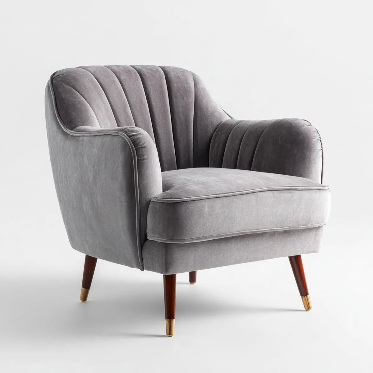 Fauteuil de salon en velours polyester gris à accoudoirs forme arrondie 78 x 80 x 86 cm pieds en hêtre massif