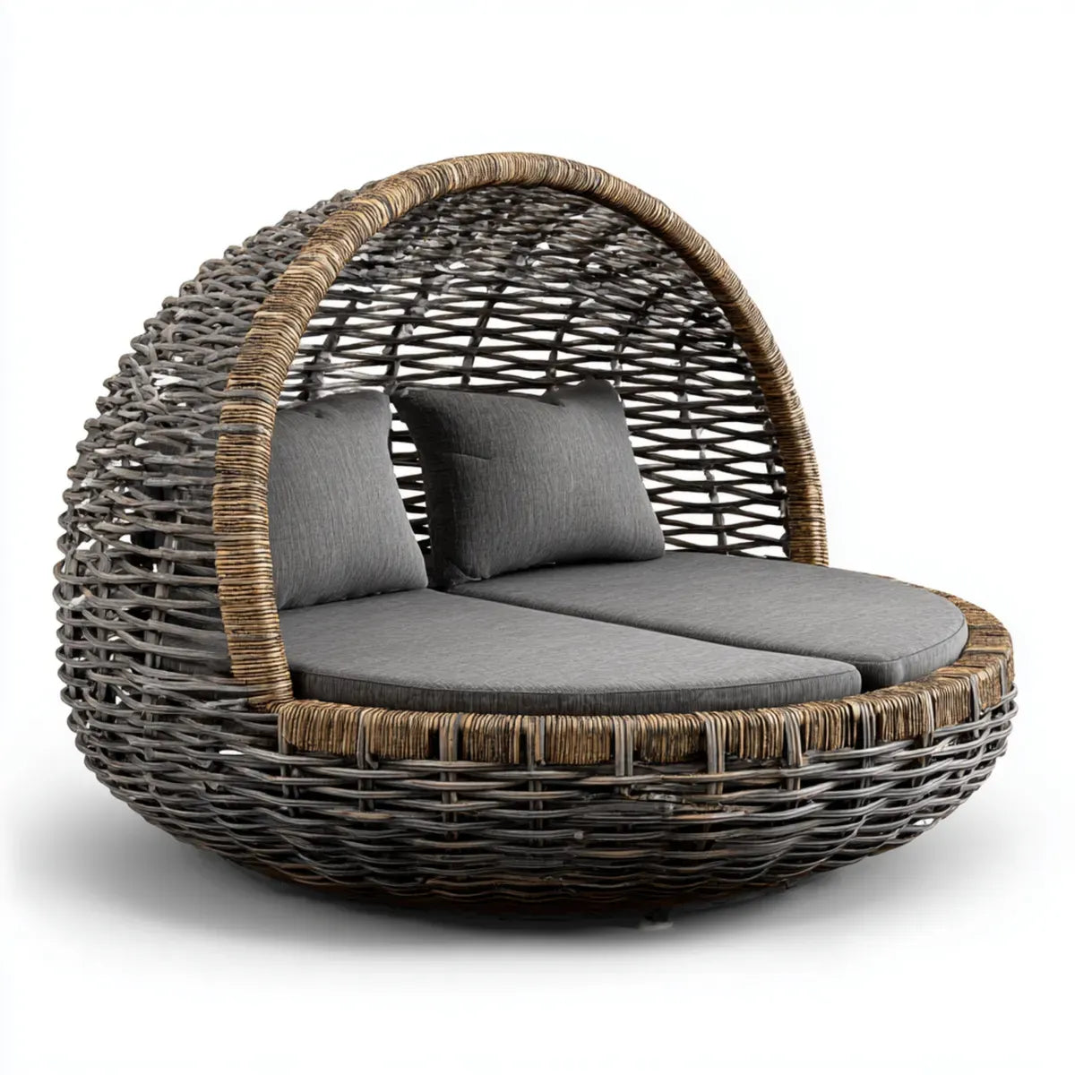 Bain de soleil double rond gris et brun en polyéthylène tressé 180 x 150 x 155 cm