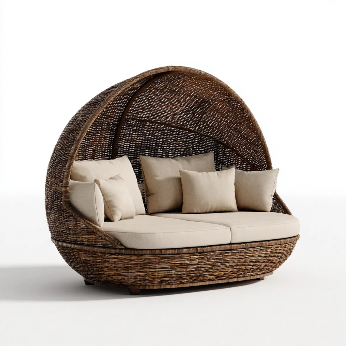 Bain de soleil double à baldaquin marron et beige en résine tressée avec coussins 180 x 100 x 170 cm
