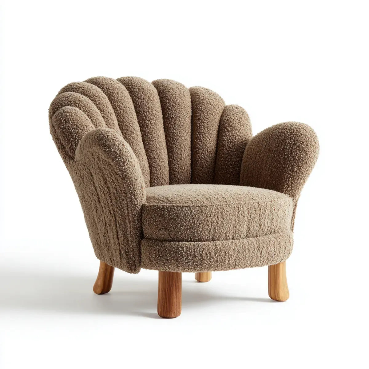 Fauteuil coquille en polyester bouclette taupe 78 x 75 x 80 cm pieds en hévéa massif